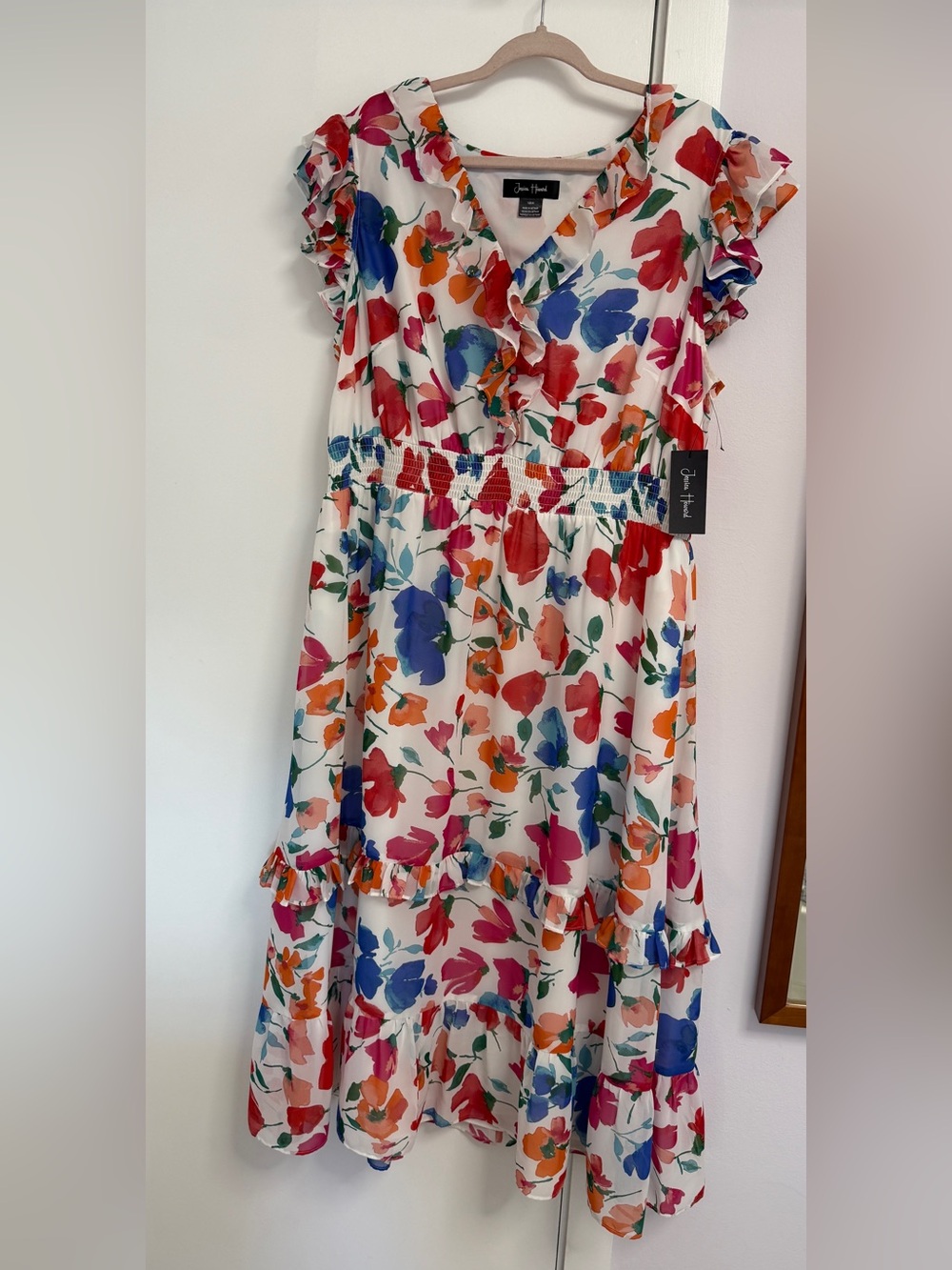 Jessica Howard Multicolor White Floral Ruffle Sleeve Dress Size 18W